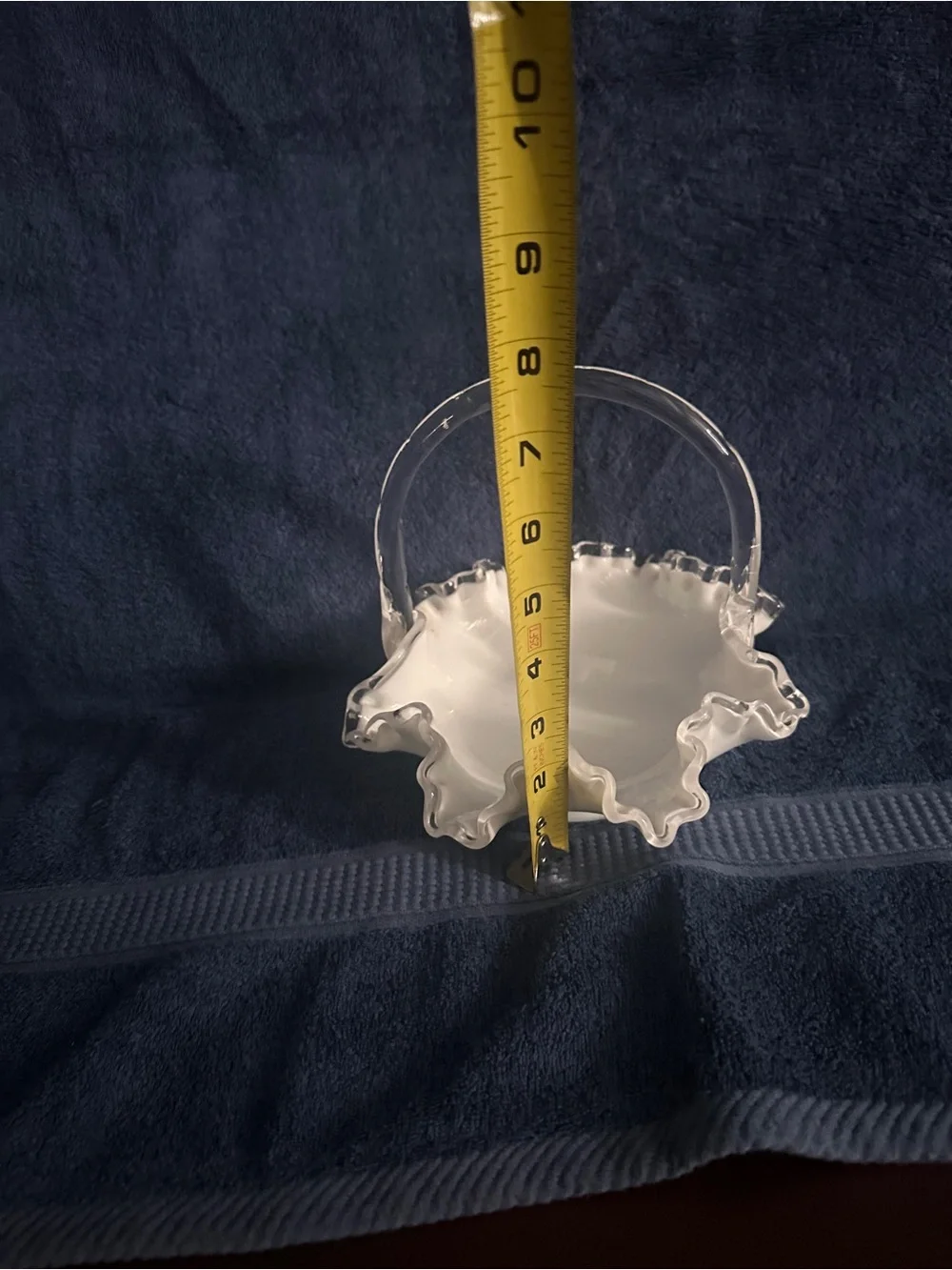 Fenton White Milk Glass Ruffled Basket with Clear Handle
